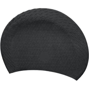 A black silicone swimming cap with a textured surface and a circular logo at the centre.