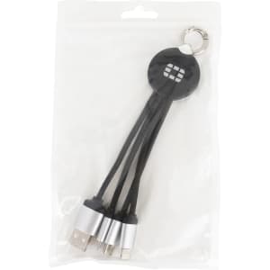 A round shaped light up charging cable in a clear pouch, featuring three connectors and a keyring, predominantly black and silver.