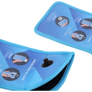 A blue lockable phone pouch with a secure button and instructional design featuring various graphic elements.