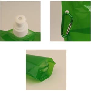 A green 480ml collapsible pouch with a white cap and a carabiner attachment.