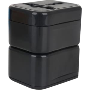 A black universal travel adapter kit, featuring multiple plug options stacked together.