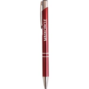 A red aluminum click pen with a silver trim and a logo on the barrel.