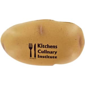 A potato-shaped stress reliever in beige with a logo printed on it, resembling a realistic potato.
