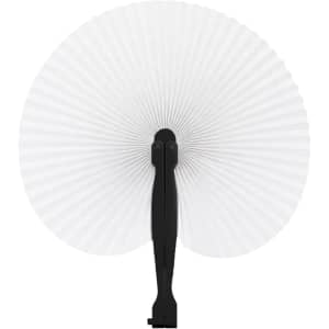 A peach-shaped plastic paper fan with a black handle, featuring a pleated design in white.