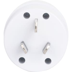 A white multifunctional AU travel adapter with three metal pins. It includes a branding logo on the surface.
