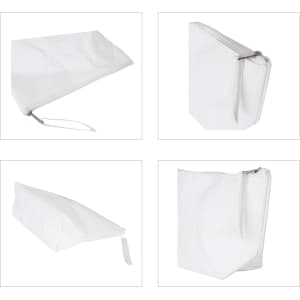 A white washable kraft paper cosmetic bag with a zip closure and a subtle logo detail. Various angles shown.