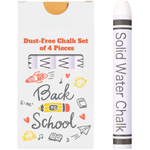 A box containing four white dust-free chalk sticks, featuring a playful design on the packaging.