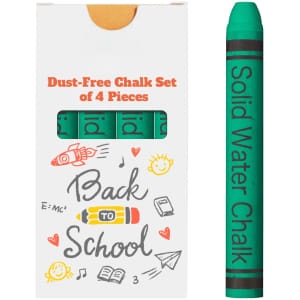 A green chalk stick set in a box, featuring four pieces labelled as "Dust-Free Chalk." The box has playful illustrations.
