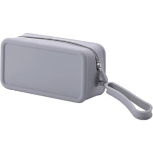 A grey silicone square cosmetic bag with a zip closure and a wrist strap. It features a simple, sleek design.