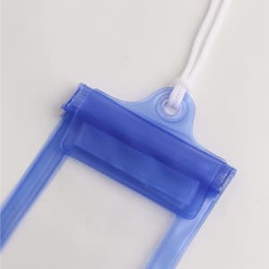A waterproof phone bag in blue with a neck string, featuring a clear compartment and a logo.