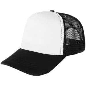 A black and white trucker cap with a solid front and a mesh back. It features a branded logo on the front.