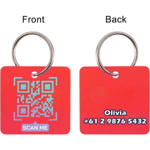 A red custom-shaped plastic key tag featuring a QR code on one side and contact information on the other.