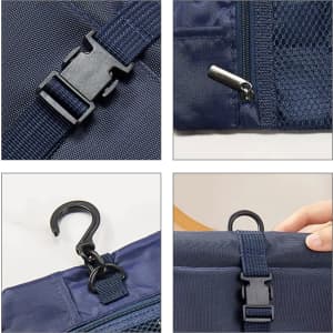 Navy folding travel toiletry bag featuring a clip closure, zip pocket, and a hook for hanging. Includes a logo.