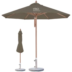 A wind-resistant octagon outdoor umbrella in olive green with a wooden pole and a protective cover.