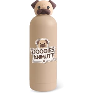 A drink bottle in beige featuring a dog head lid and a logo on the body.