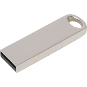 A metallic silver flash drive with a sleek, rectangular design and a hole for keyring attachment.
