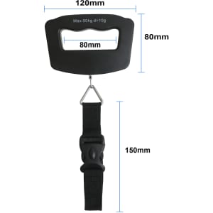 A black luggage scale with a handle, strap, and metal hook, displaying dimensions in millimetres.