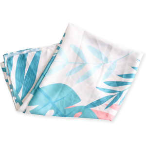 A silk chiffon scarf featuring a tropical design in shades of blue and pink with leafy patterns.