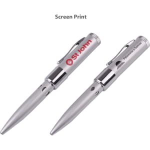 A silver pen with a clip and a metallic finish, featuring branding on its barrel. It has a sleek and modern design.