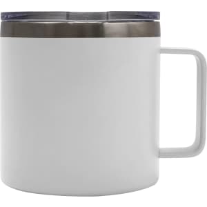 A drink bottle with a white exterior and stainless steel top, featuring a handle and a lid. It has a logo.