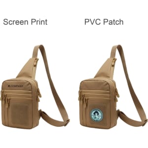A tactical sling bag in tan colour, featuring zippers, multiple pockets, and a logo patch.