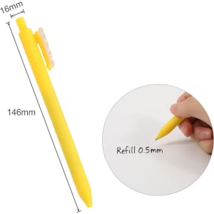 A yellow acrylic pen with a clip, featuring a 0.5mm refill size for smooth writing.