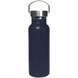 A drink bottle in navy blue with a stainless steel lid and a metal handle, featuring a logo.