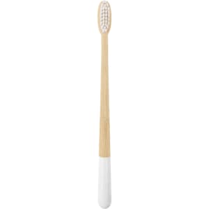 A large, conical handle toothbrush with a white base and a natural bamboo handle. It features colourful bristles.