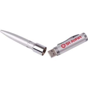 A silver flash drive pen with a metallic finish, featuring a logo and a removable cap.