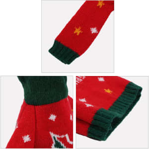 A drink bottle cover featuring red and green knitted fabric with festive patterns and a logo.