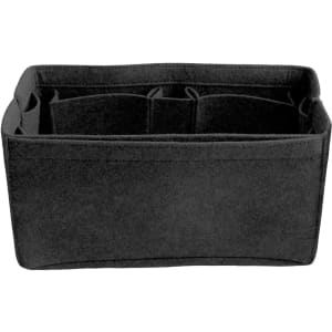 A black felt bag organiser with multiple compartments for easy storage and organisation. It features a logo.
