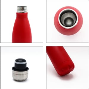 A drink bottle featuring a sleek red design, double-wall insulation, recycled stainless steel, and a logo.