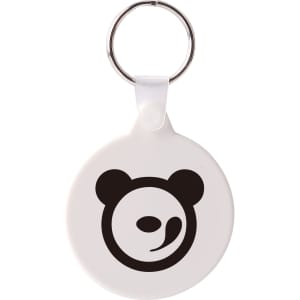 A round hard plastic keyring in white with a black bear logo and a silver keyring attachment.