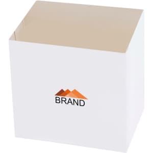 A white packaging sleeve with an open top and a logo printed in black and orange.