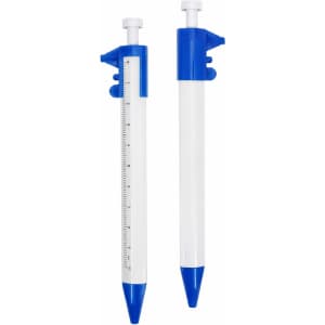 A Caliper Pen featuring a blue and white design, with a measurement scale and a retractable tip.