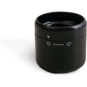 A drink bottle stopper in black with markings, featuring a sleek, modern design. It has a logo on the surface.