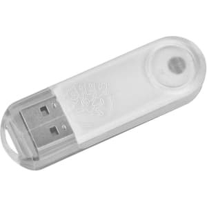 A transparent swivel flash drive featuring a circular end and a logo, showcasing its sleek design.