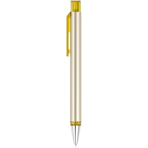 A flat pen featuring a silver body with a yellow clip and tip, and a small logo.