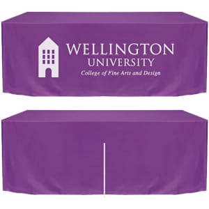 A fitted purple table cloth with a zipper back, featuring a logo on the front.
