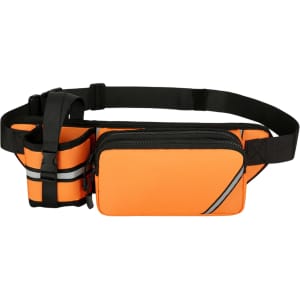 An orange fanny pack with a black adjustable strap and a side bottle holder, featuring reflective accents.