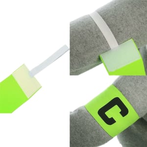 Bright green stretchy armbands with a grey fabric background and a logo. Features a Velcro fastening.