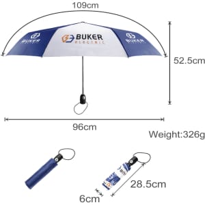A blue and white 21'' automatic open and close umbrella with a logo, featuring measurements and a compact handle.