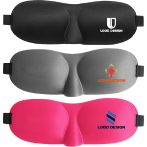 A cushioned eye mask in black, grey, and pink, featuring various logos. Each mask has an ergonomic design.