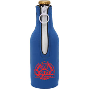A drink bottle cooler in blue with a zippered design and a logo on the front. Suitable for standard bottles.