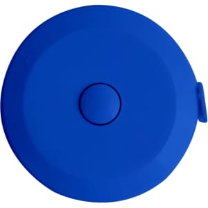 A blue, round tape measure with a button and a loop for attachment. It features a logo on the surface.
