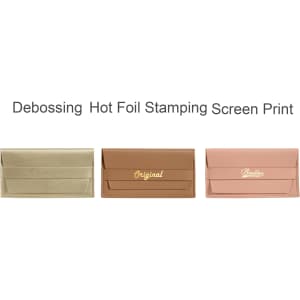 A PU leather glasses pouch in three colours: beige, brown, and pink, featuring a logo on each.