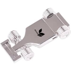 A silver racing car-shaped flash drive featuring four wheels and a logo on the body.