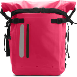 A bright pink waterproof roll top backpack with adjustable straps and reflective elements. It features a logo on the front.