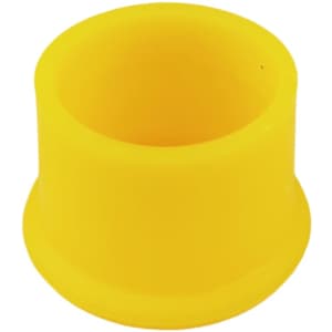 A yellow silicone wine stopper with a smooth surface and a wide base. The product has a logo on it.
