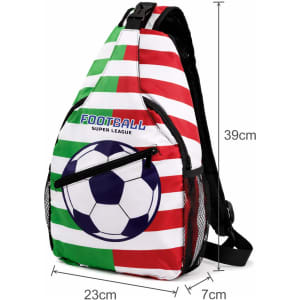 A crossbody bag featuring a football design with green, white, and red stripes and a mesh pocket. It has a branding logo.